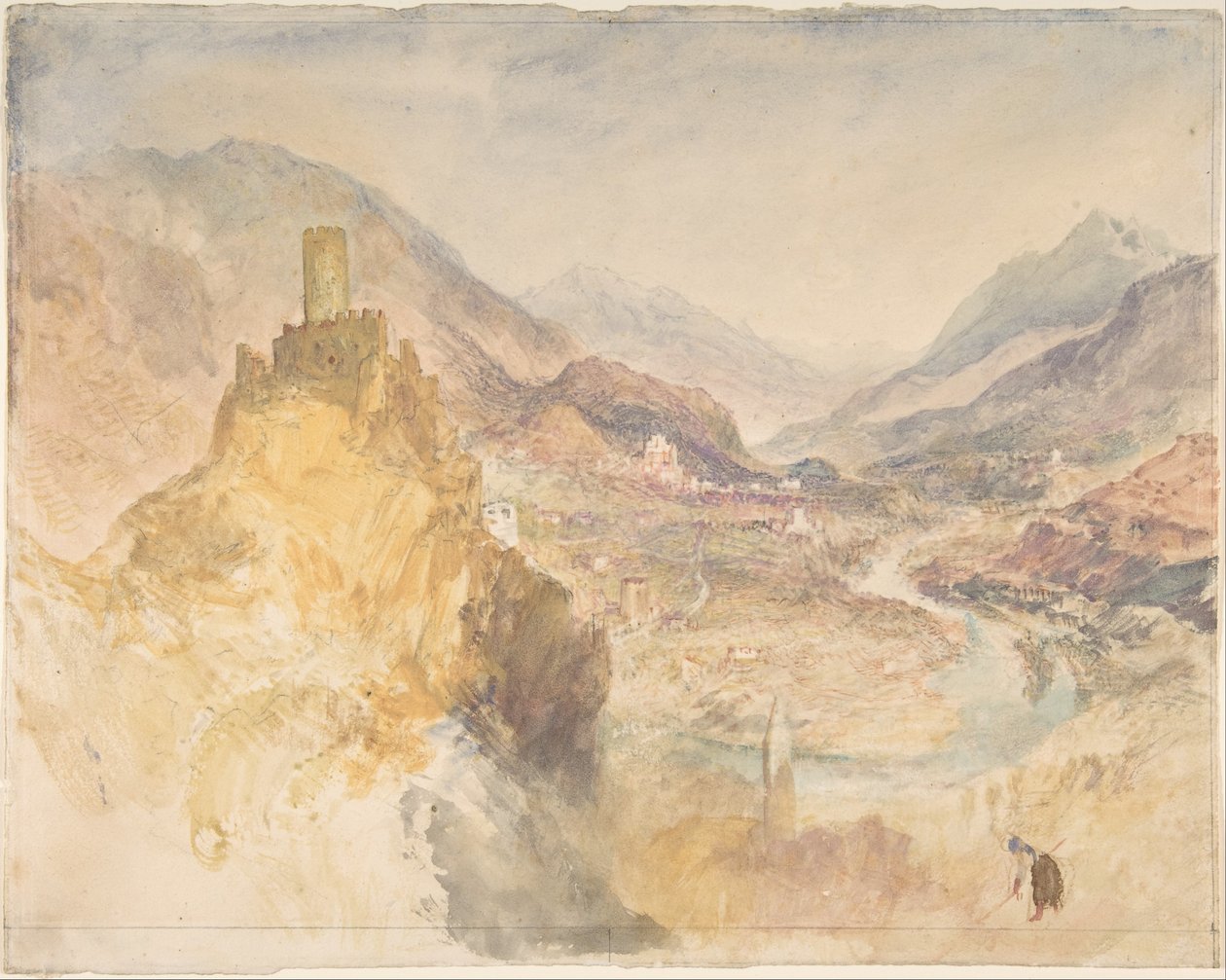 Châtel-Argent ja Aostanlaakso Villeneuven yläpuolelta nähtynä tekijältä Joseph Mallord William Turner