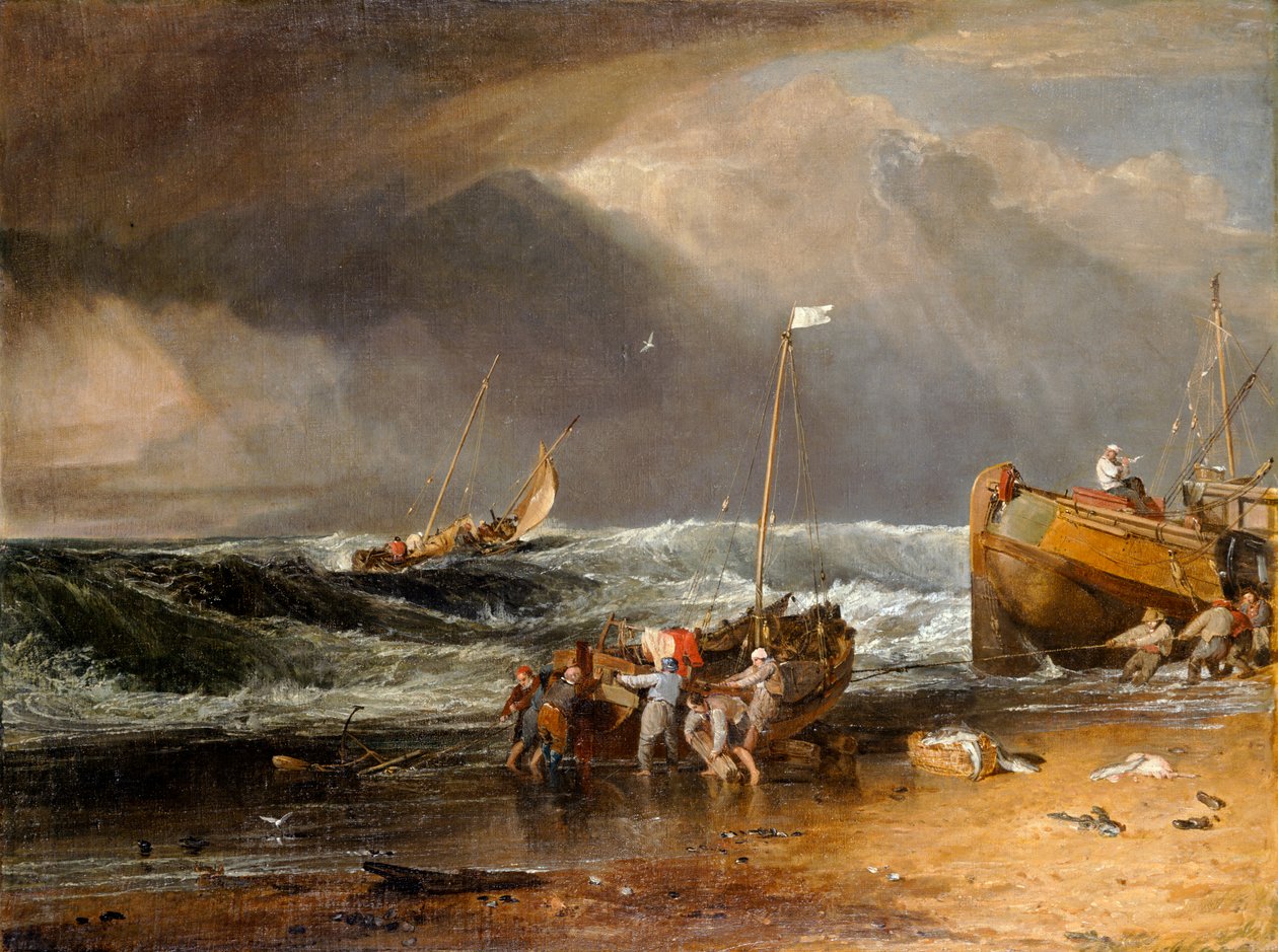 Rannikkokohtaus kalastajista, jotka nostavat venettä maihin, tai Iveagh Seapiece (öljy kankaalle) tekijältä Joseph Mallord William Turner