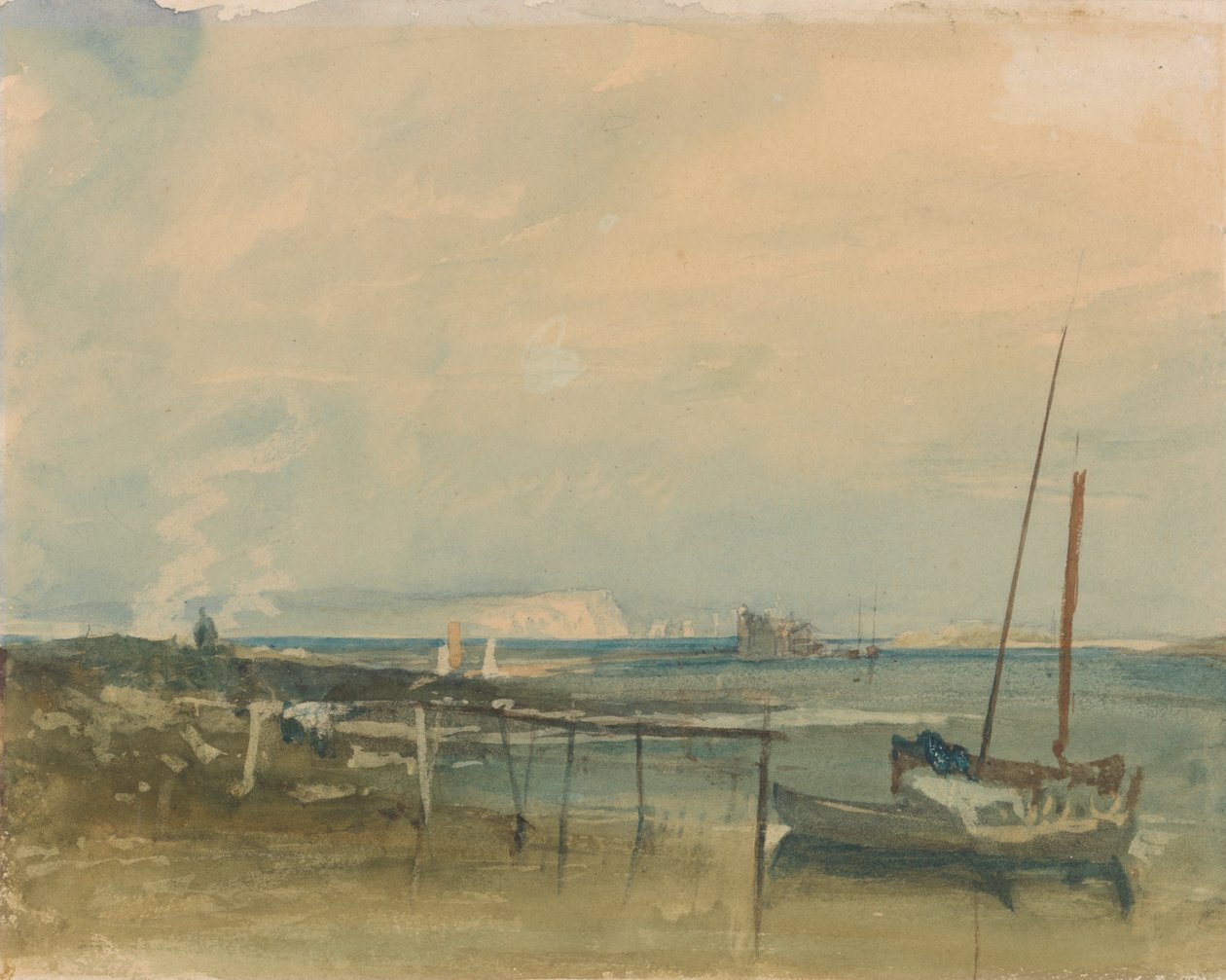 Rannikkokohtaus valkoisilla kallioilla ja veneillä rannalla tekijältä Joseph Mallord William Turner
