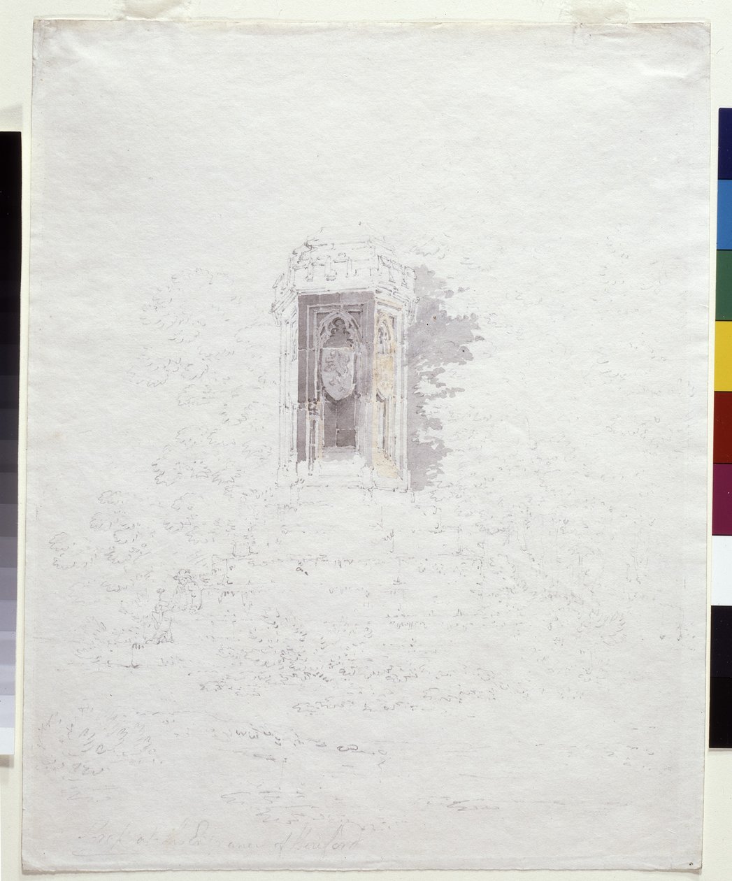 Cross At The Entrance to Hereford (kynä keltaisella ja harmaalla pesulla valkoisella paperilla) tekijältä Joseph Mallord William Turner