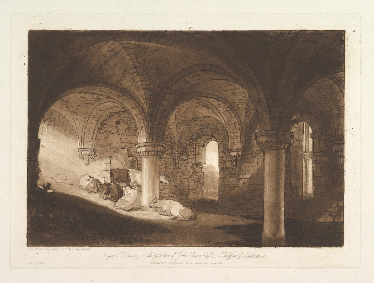 Kirkstall Abbey Liber Studiorumin krypta, osa VIII, levy 39, 11. helmikuuta 1812. tekijältä Joseph Mallord William Turner