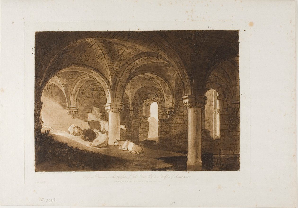 Kirkstall Abbeyn krypta, levy 39 Liber Studiorumilta tekijältä Joseph Mallord William Turner
