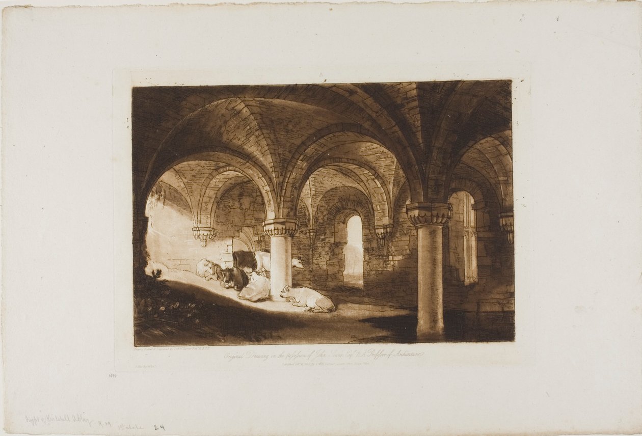 Kirkstall Abbeyn krypta, levy 39 Liber Studiorumilta tekijältä Joseph Mallord William Turner