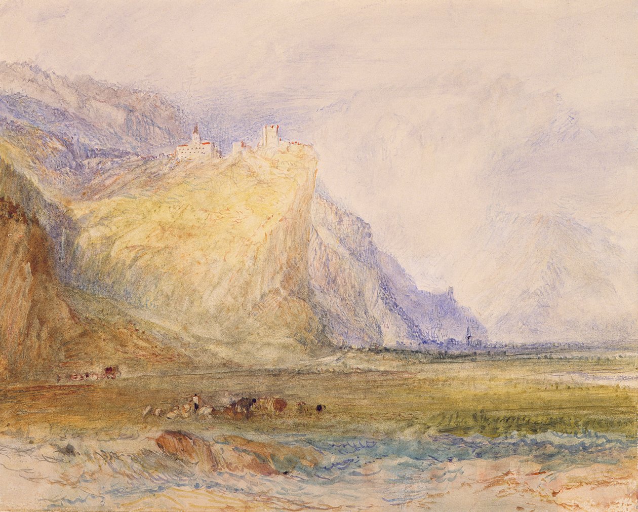 Domleschgin laakso, katsoen kaakkoon, kohti Schloss Ortensteinia, n. 1853 (akvarelli paperille) tekijältä Joseph Mallord William Turner