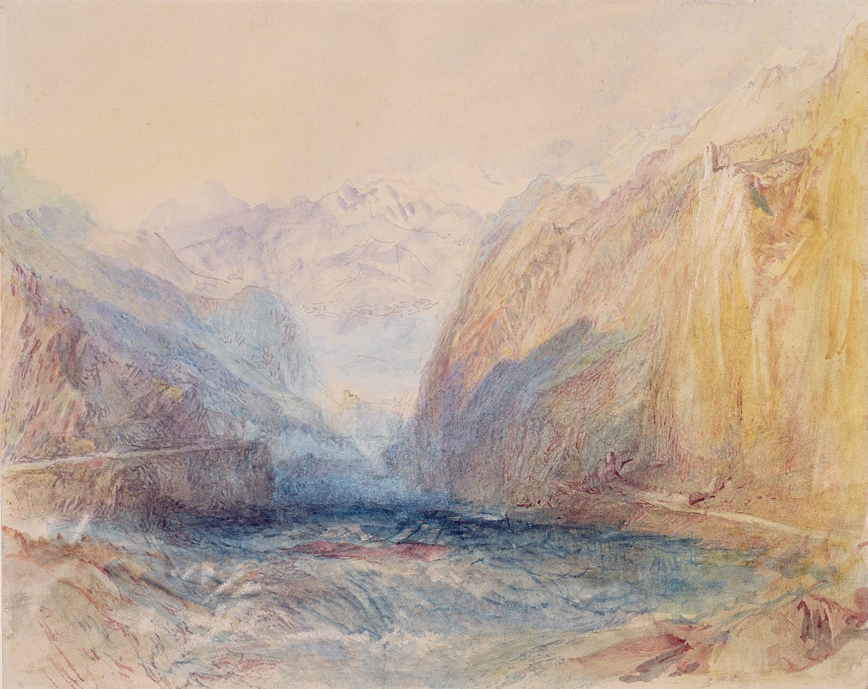Domleschgin laakso, lähellä Rothenbrunnenia, katsoen kohti Rhazunsia tekijältä Joseph Mallord William Turner