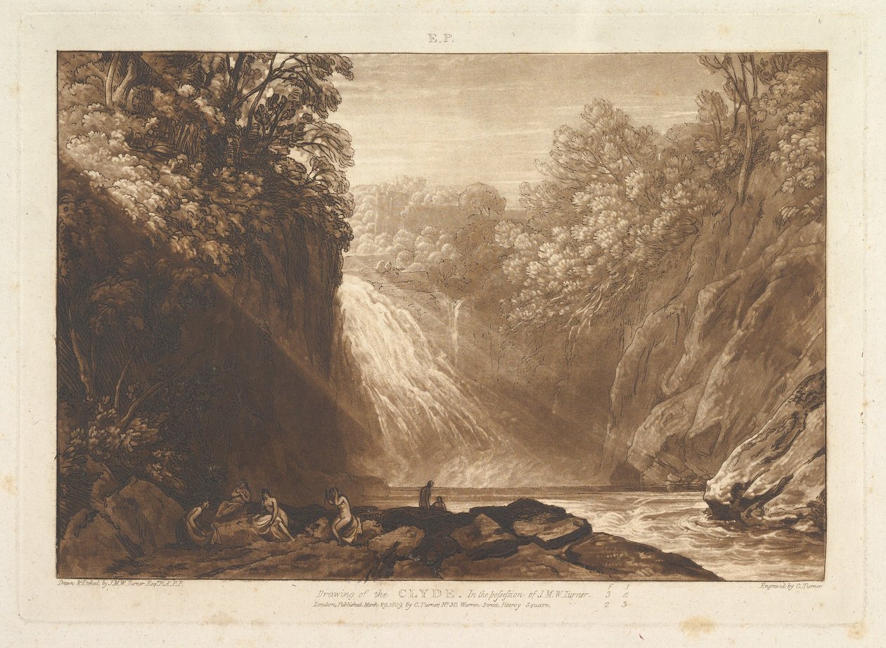 Piirustus Clyde Liber Studiorumista, osa IV, levy 18, 29. maaliskuuta 1809. tekijältä Joseph Mallord William Turner