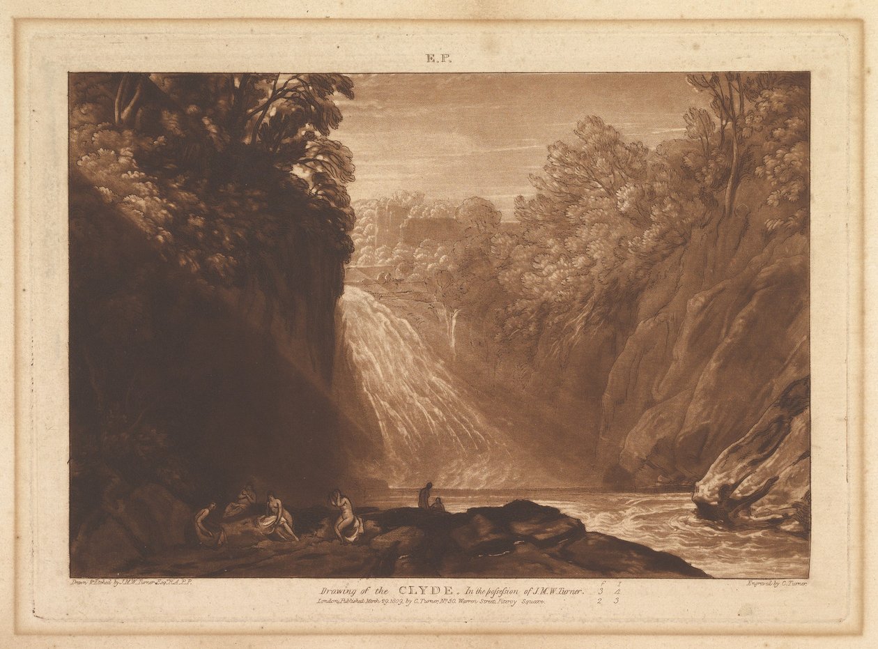 Piirustus Clyde Liber Studiorumista, osa IV, levy 18, 29. maaliskuuta 1809. tekijältä Joseph Mallord William Turner