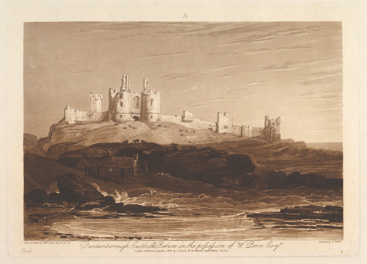 Dunstanborough Castle Liber Studiorum, osa III, levy 14, 10. kesäkuuta 1808. tekijältä Joseph Mallord William Turner