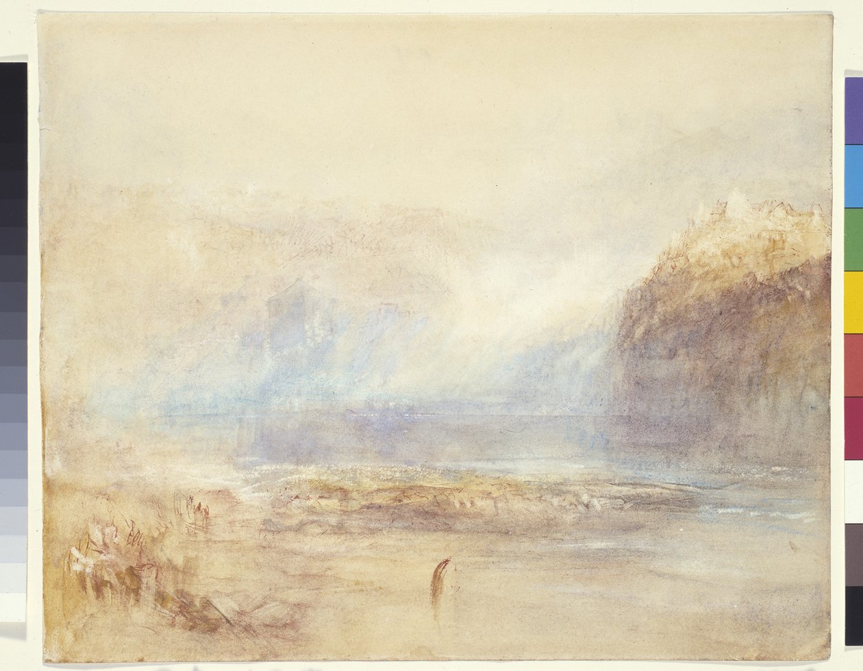 Reinin putoukset Schaffhausenissa - Kaukainen näkymä (akvarelli, kynä ja punainen muste harmaalla pesulla valkoisella paperilla) tekijältä Joseph Mallord William Turner