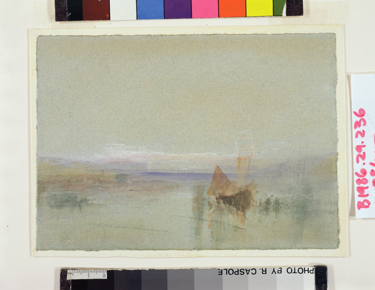 Kalastusveneet rauhoittuivat Le Havren edustalla (wc ja rungon väri sinisellä paperilla) tekijältä Joseph Mallord William Turner