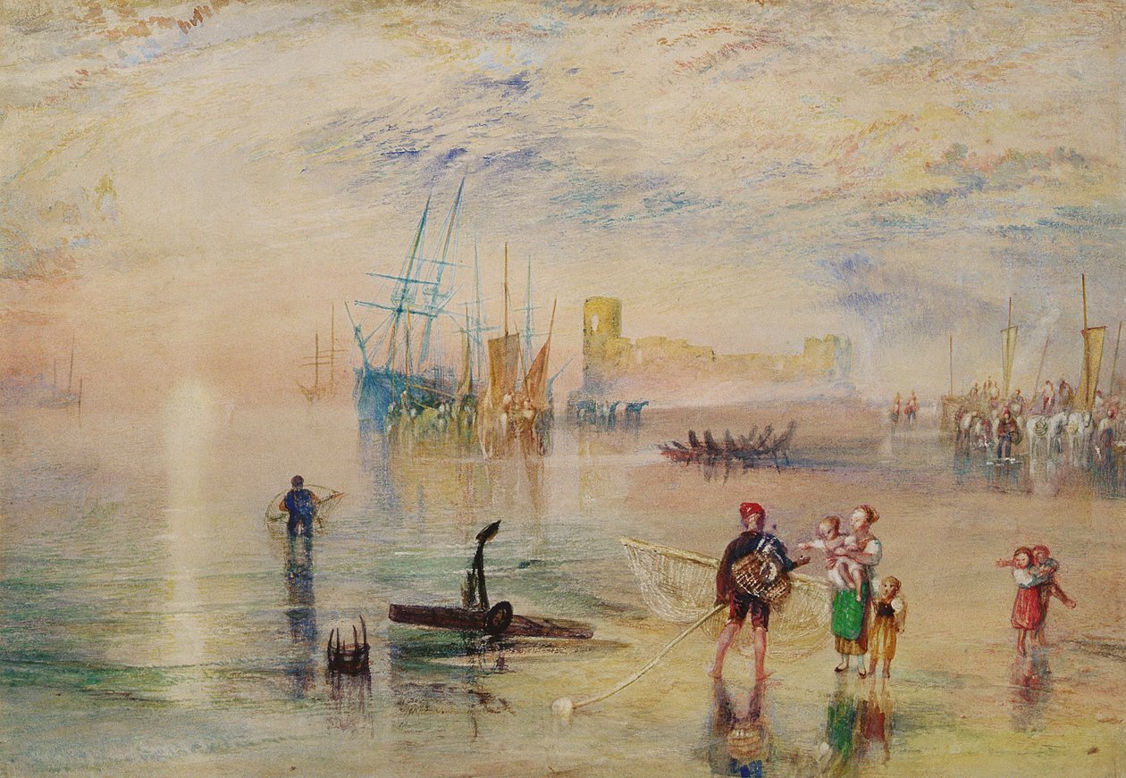 Flintin linna, noin 1834 (vesiväri ja raaputusjälki paperille). tekijältä Joseph Mallord William Turner