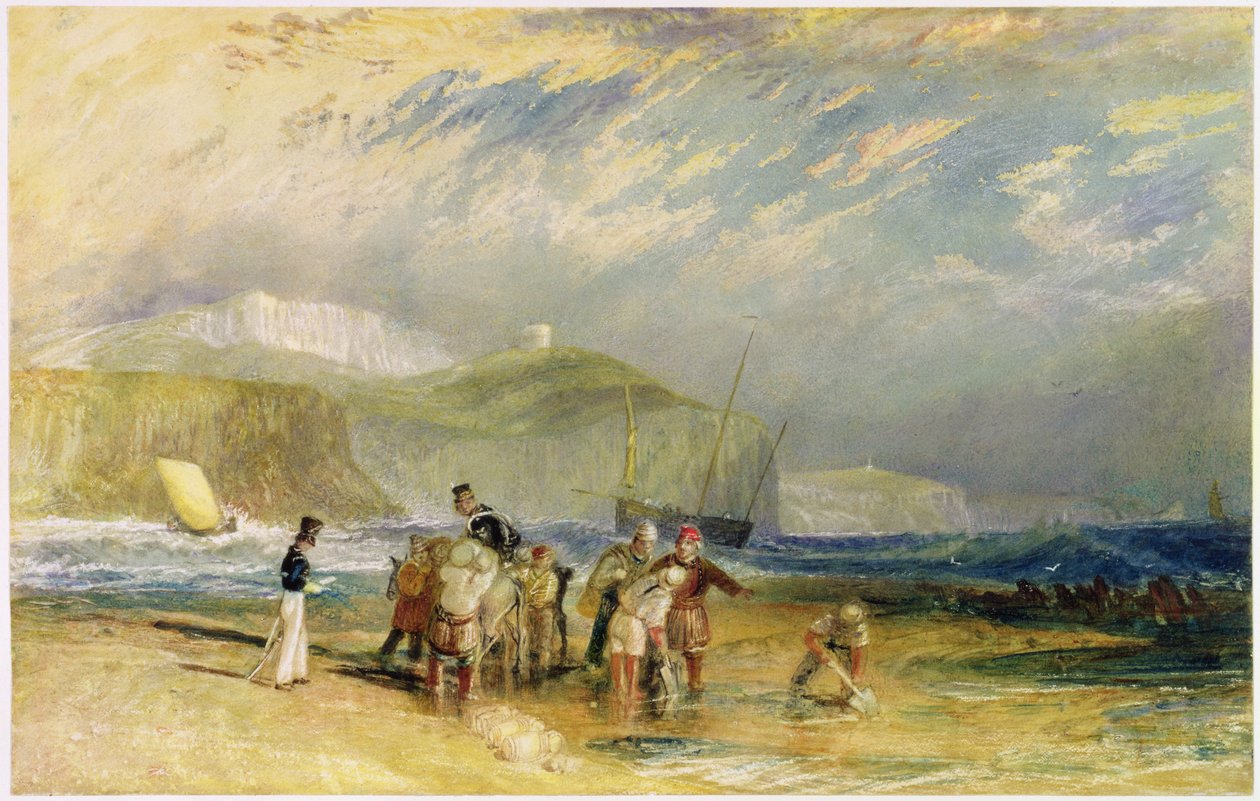 Folkestonen satama ja rannikko Devoniin, n. 1830 (wc ja guassi paperilla) tekijältä Joseph Mallord William Turner