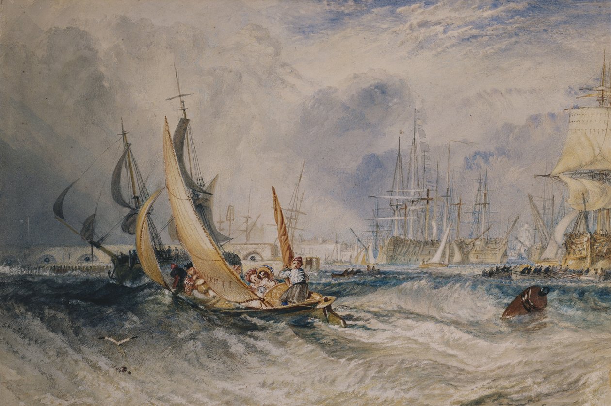Gosport: Portsmouthin sataman sisäänkäynti, n. 1829 (arabikumilla korotettu akvarelli paperille) tekijältä Joseph Mallord William Turner