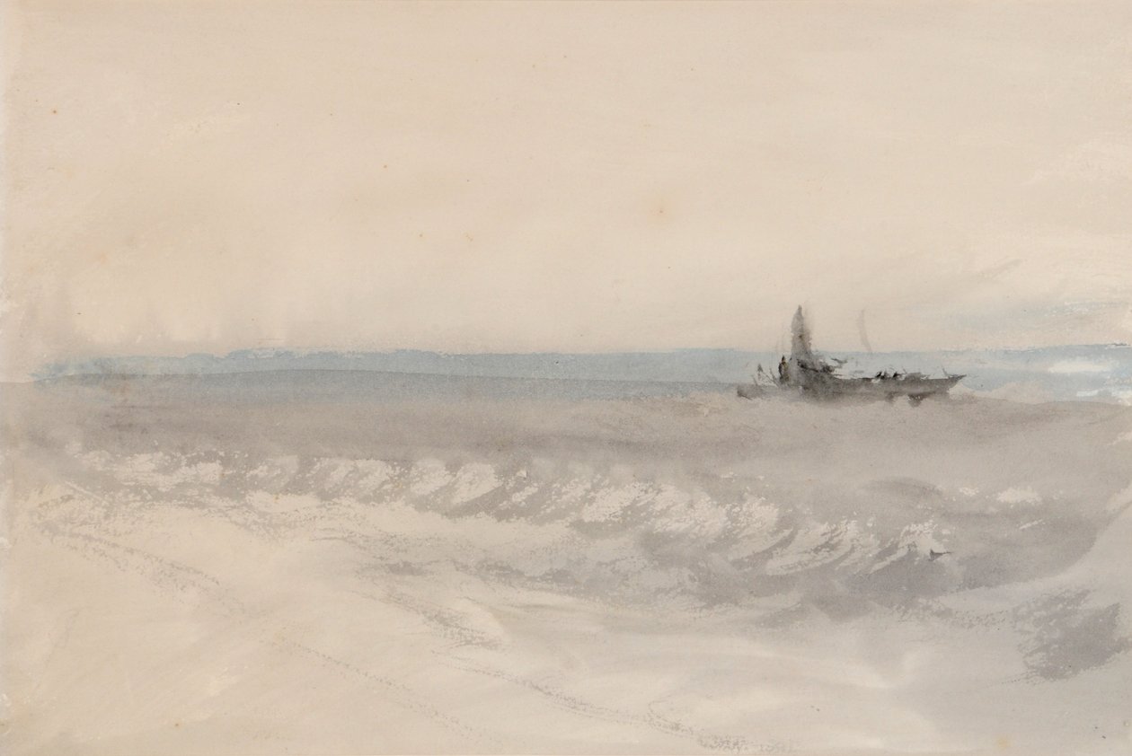 Harmaa meri, vene juoksee maihin, n. 1845-1850 (akvarelli paperille) tekijältä Joseph Mallord William Turner