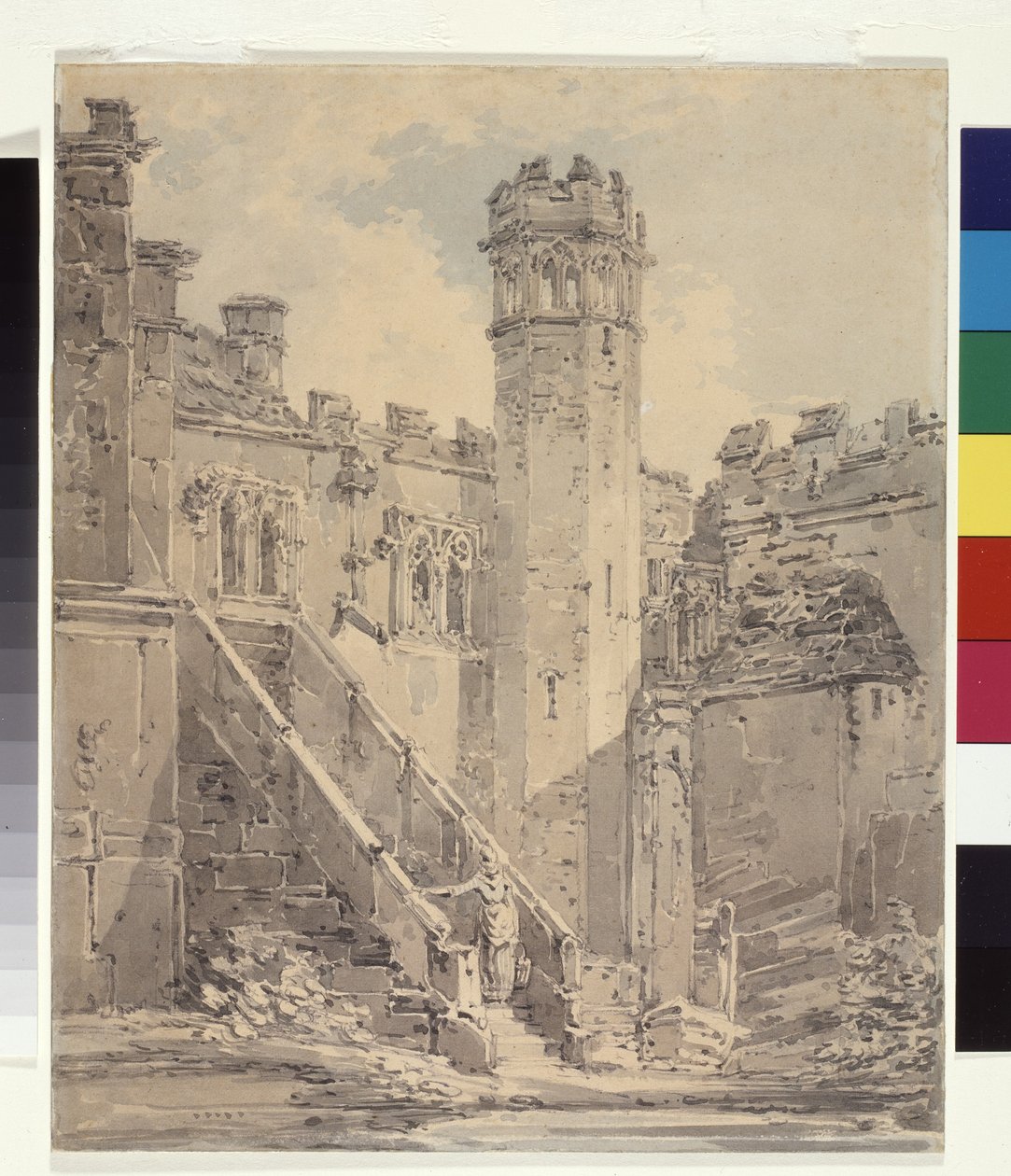 Haddon Hall lähellä Bakewellia, Derbyshire (sininen ja harmaa muste pestään kynällä valkoisella paperilla) tekijältä Joseph Mallord William Turner