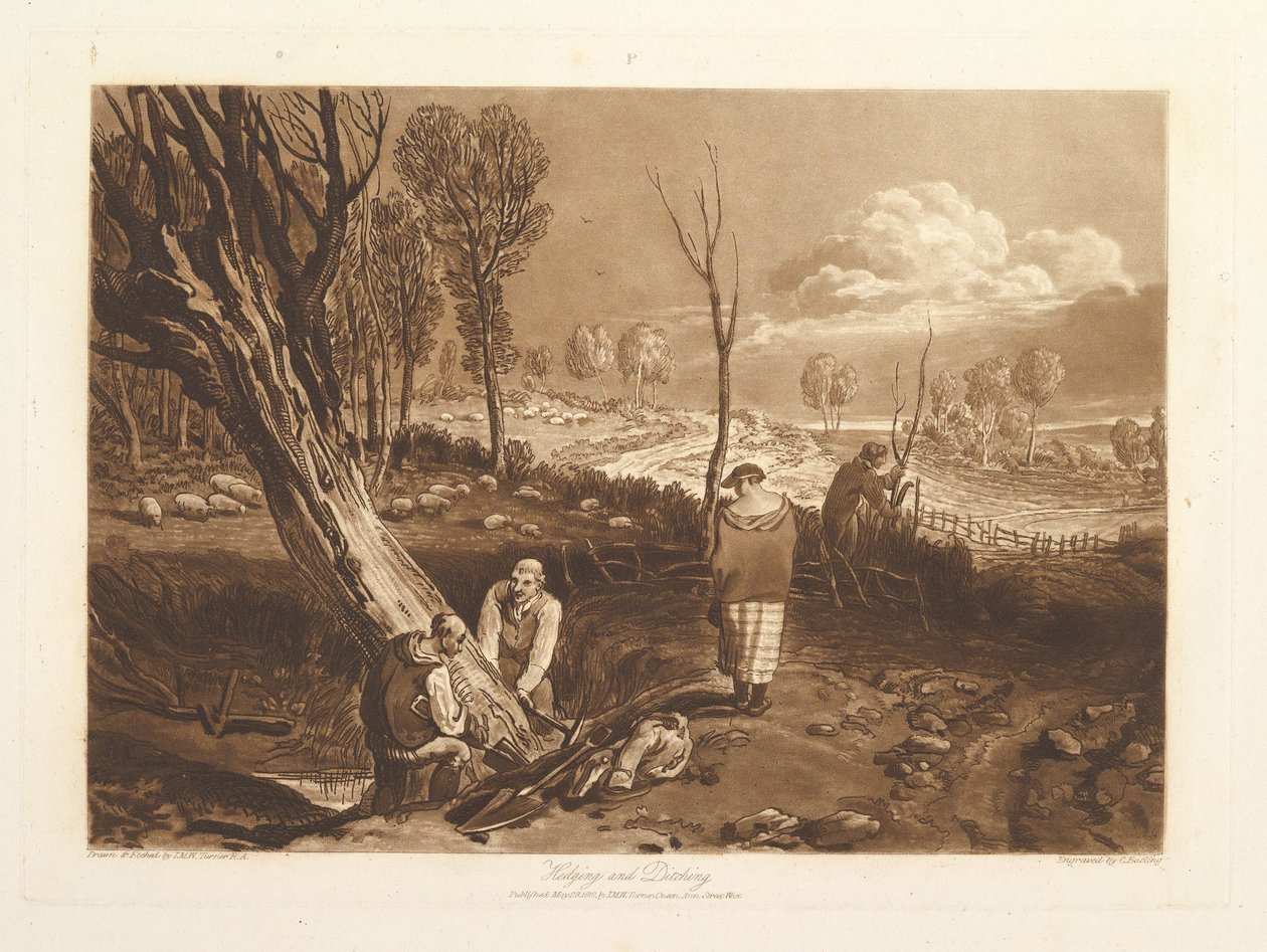 Suojaus ja ojittaminen Liber Studiorum, osa X, levy 47, 23. toukokuuta 1812. tekijältä Joseph Mallord William Turner