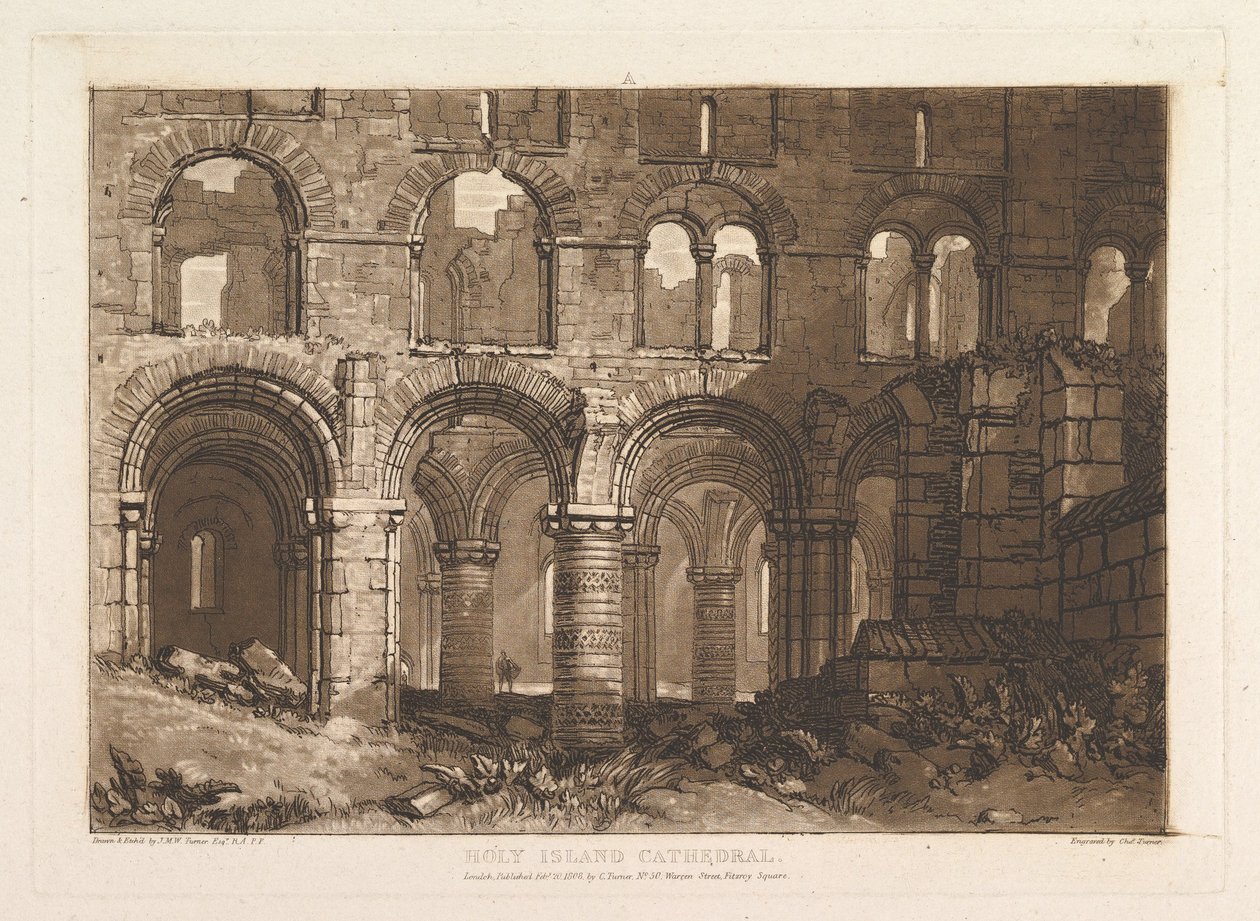 Pyhän saaren katedraali Liber Studiorum, osa III, levy 11, 20. helmikuuta 1808. tekijältä Joseph Mallord William Turner