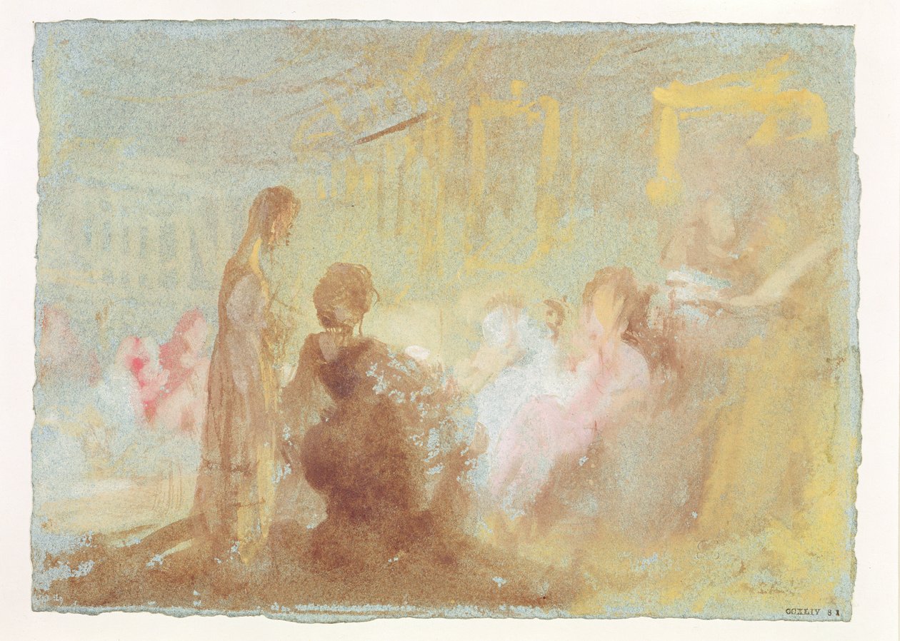 Petworth Housen sisustus ihmisten kanssa keskustelussa, 1830 (guassi) tekijältä Joseph Mallord William Turner