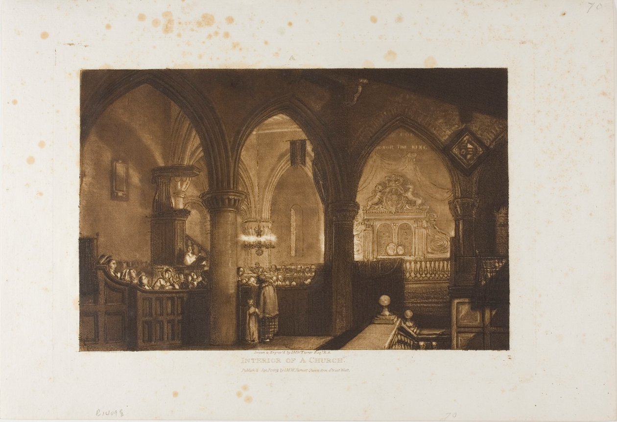 Kirkon sisustus, levy 70 Liber Studiorumilta tekijältä Joseph Mallord William Turner