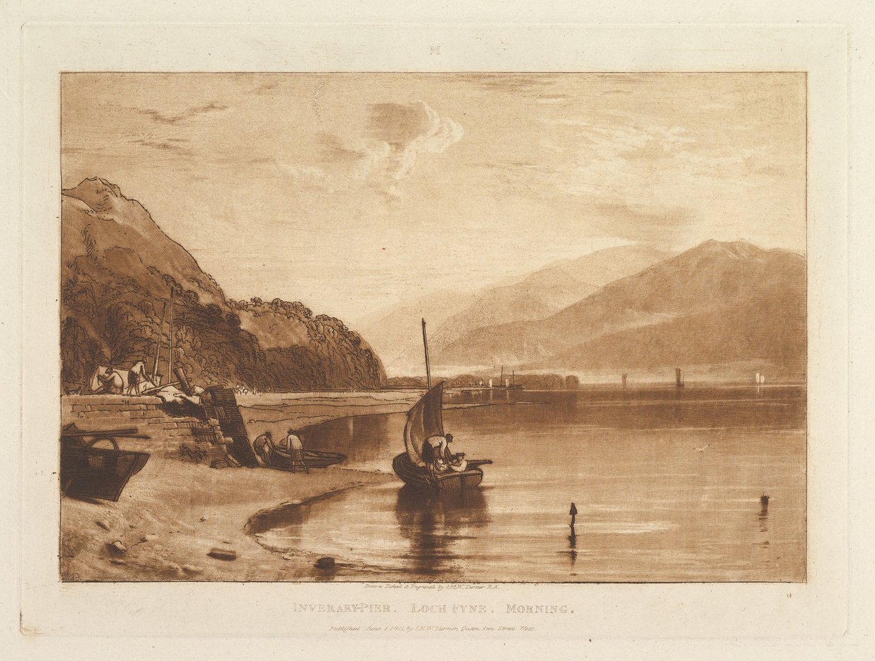 Inverary Pier, Loch Fyne, Morning Liber Studiorum, osa VII, levy 35, 1. kesäkuuta 1811. tekijältä Joseph Mallord William Turner