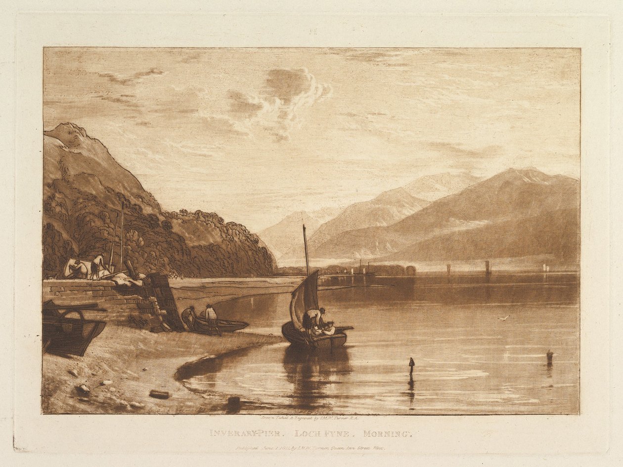 Inveraryn laituri, Loch Fyne, aamu, osa VII, taulu 35 teoksesta "Liber Studiorum" tekijältä Joseph Mallord William Turner