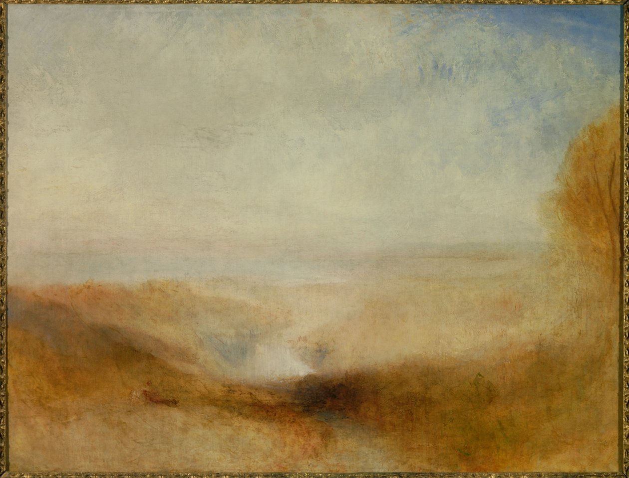 Maisema, jossa joki ja lahti etäisyydellä. Myös Joseph Mallord William Turnerin (1775-1851) maalaus nimeltä "" Severnin ja Wyen yhtymäkohta" tekijältä Joseph Mallord William Turner