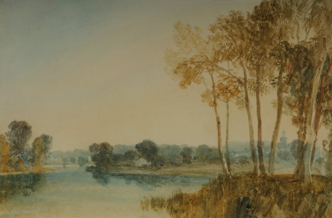 Maisema puiden kanssa Thames-joen rannalla, n. 1805 (akvarelli paperille) tekijältä Joseph Mallord William Turner