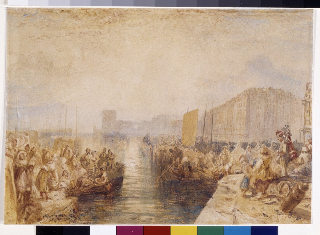 Le Havre: Auringonlasku (akvarelli vahvistettu kynällä ja punaisella musteella valkoiselle paperille) tekijältä Joseph Mallord William Turner