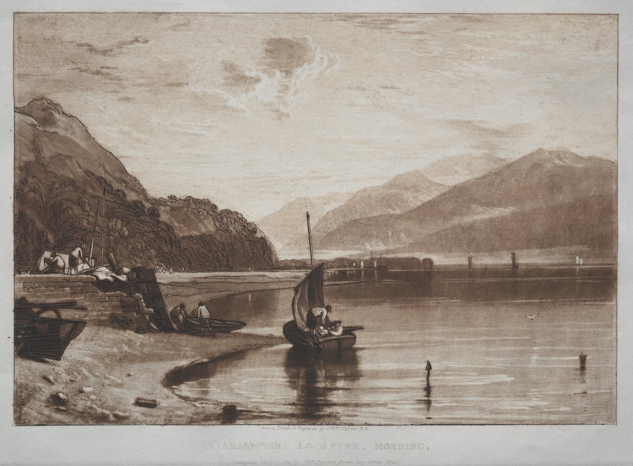 Liber Studiorum:  Inveraryn laituri, Lock Fyne, aamu tekijältä Joseph Mallord William Turner