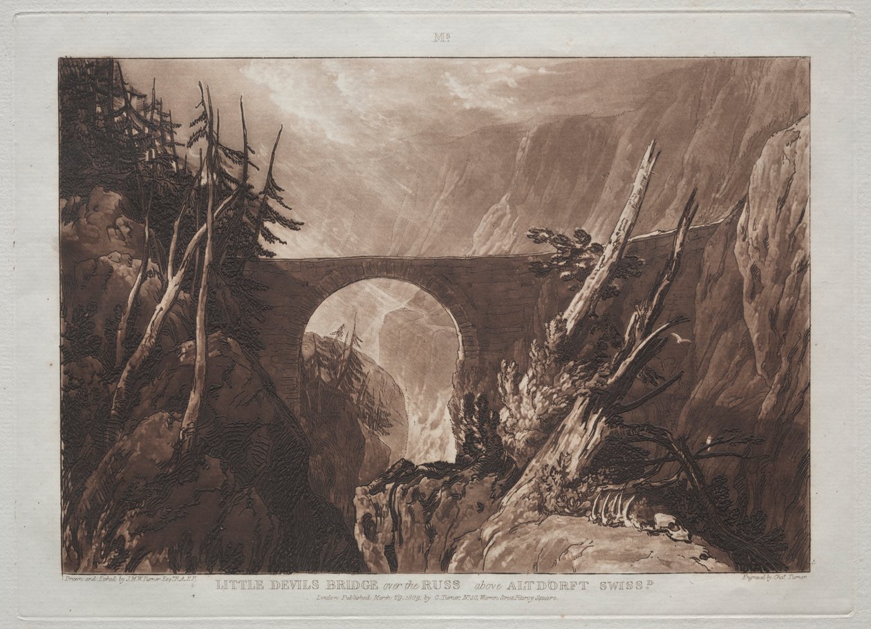 Liber Studiorum: Little Devils Bridge Russin yli, Altdorftin yläpuolella, Sveitsissä. tekijältä Joseph Mallord William Turner