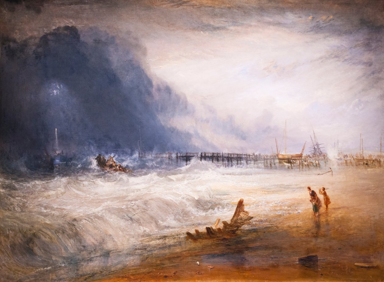 Pelastusvene ja manby-laitteet lähtevät jumiin jääneeseen alukseen tekijältä Joseph Mallord William Turner