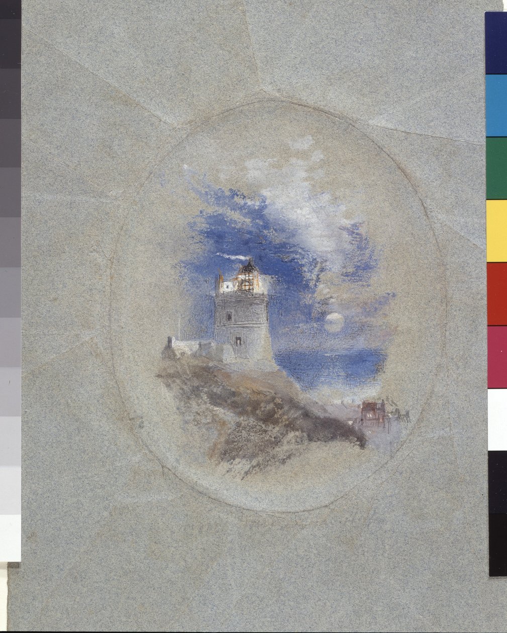 Lowestoffen majakka (guassi sinisellä paperilla) tekijältä Joseph Mallord William Turner