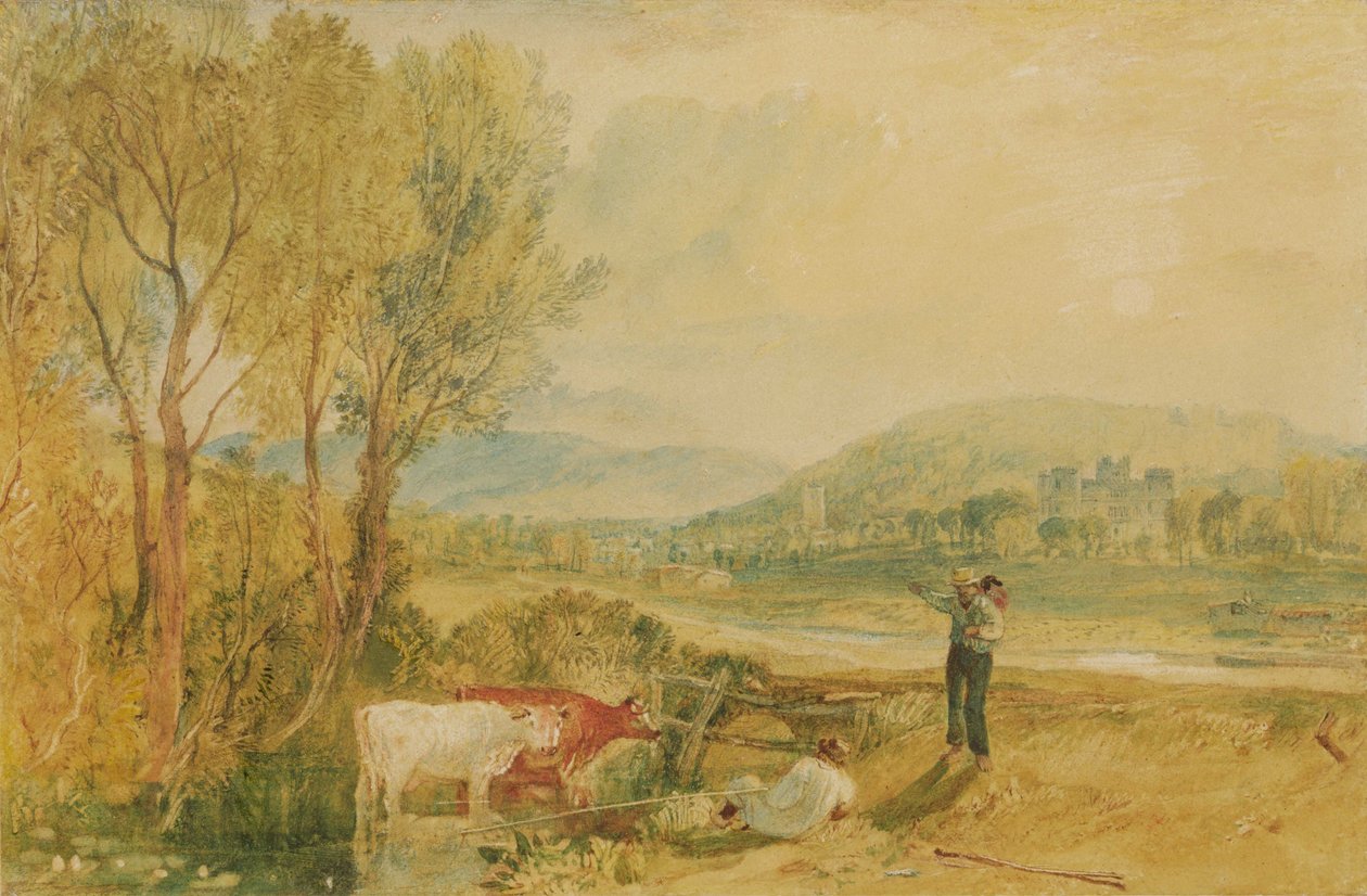 Lulworthin linna, Dorset, n. 1820 (akvarelli raaputettuna kudospaperille) tekijältä Joseph Mallord William Turner