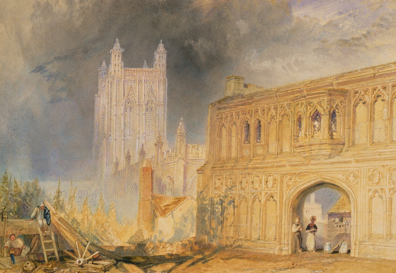 Malvern Abbey and Gate, Worcestershire, n. 1830 (akvarelli paperille) tekijältä Joseph Mallord William Turner