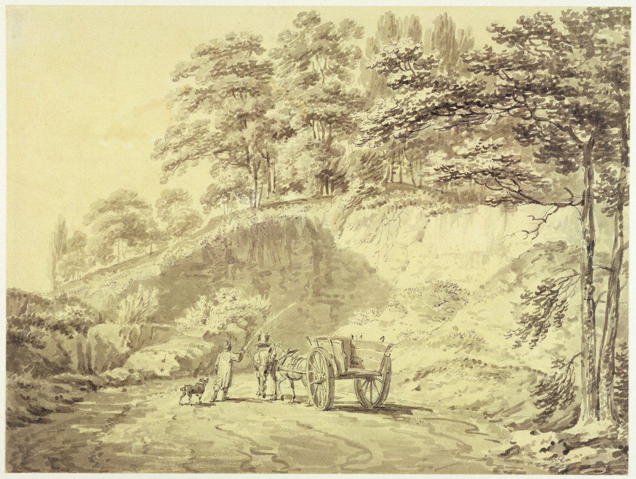 Mies hevosen ja kärryjen kanssa astumassa louhokselle, n. 1797 (grafiitti ja harmaa pesu paperilla) tekijältä Joseph Mallord William Turner