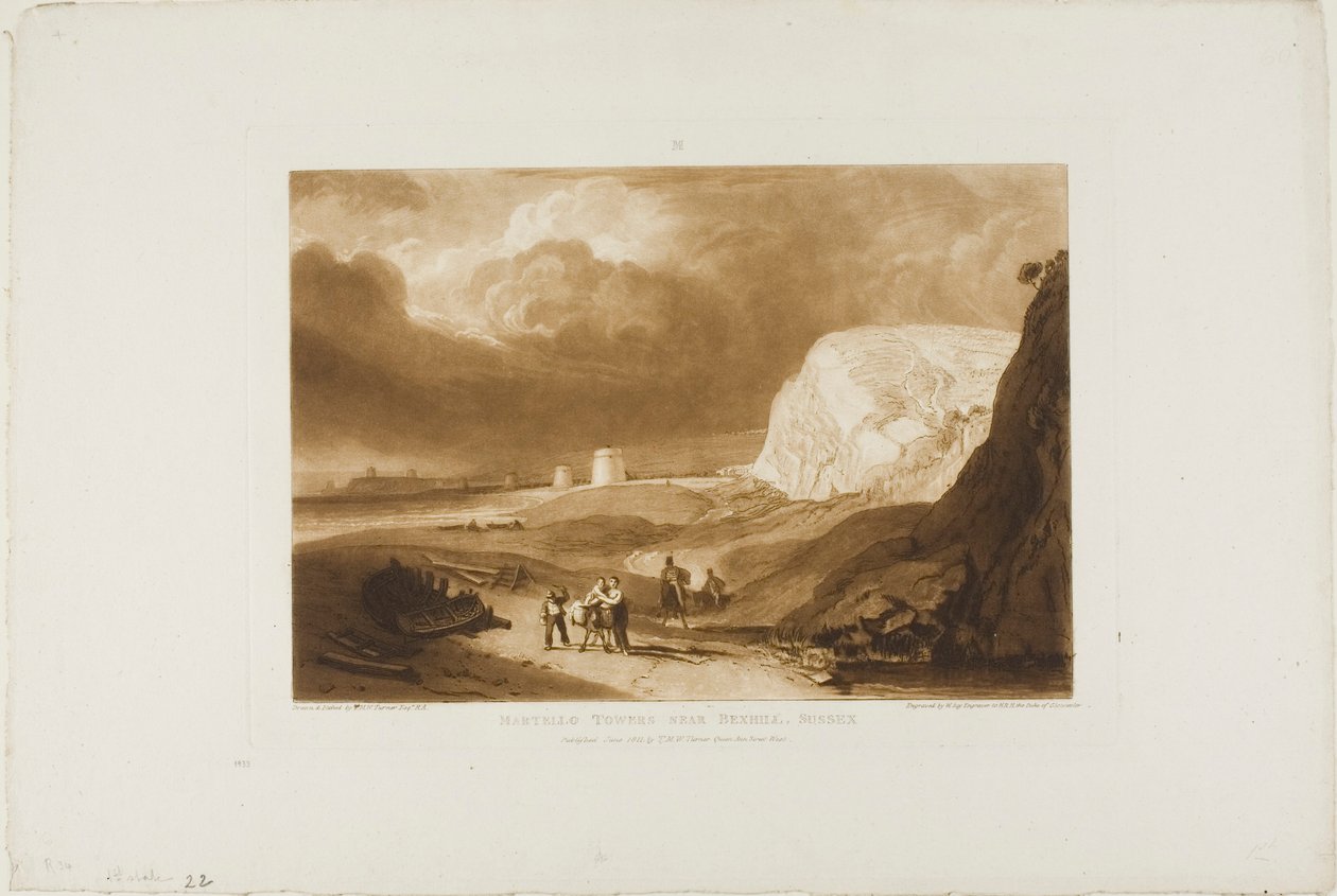 Martello Towers Near Bexhill, Sussex, levy 34 Liber Studiorumilta tekijältä Joseph Mallord William Turner