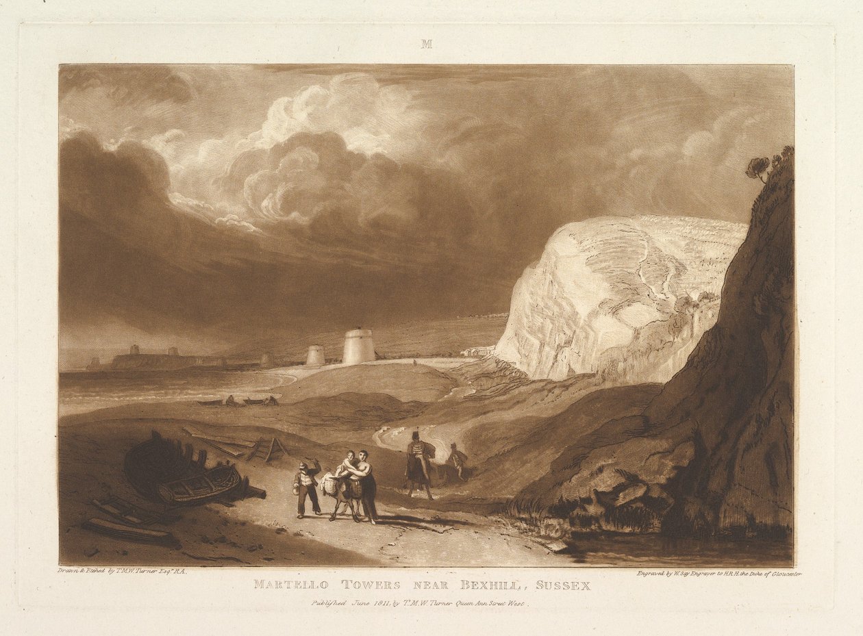 Martello Towers lähellä Bexhilliä, Sussex Liber Studiorum, osa VII, levy 34, kesäkuu 1811. tekijältä Joseph Mallord William Turner