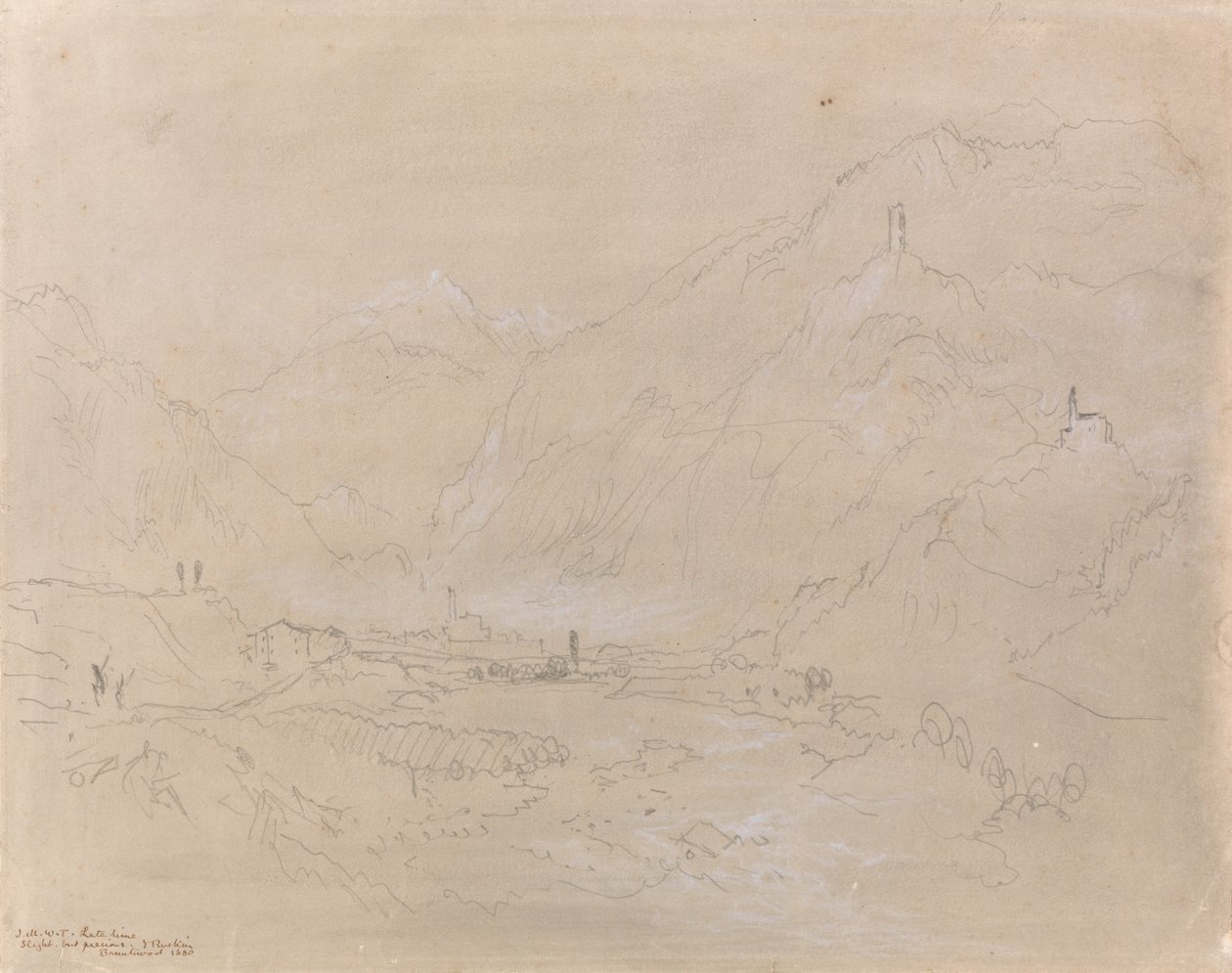 Vuoristoinen maisema ja kaupunki laaksossa, n. 1840 (grafiitti ja harmaa pesu paperilla) tekijältä Joseph Mallord William Turner