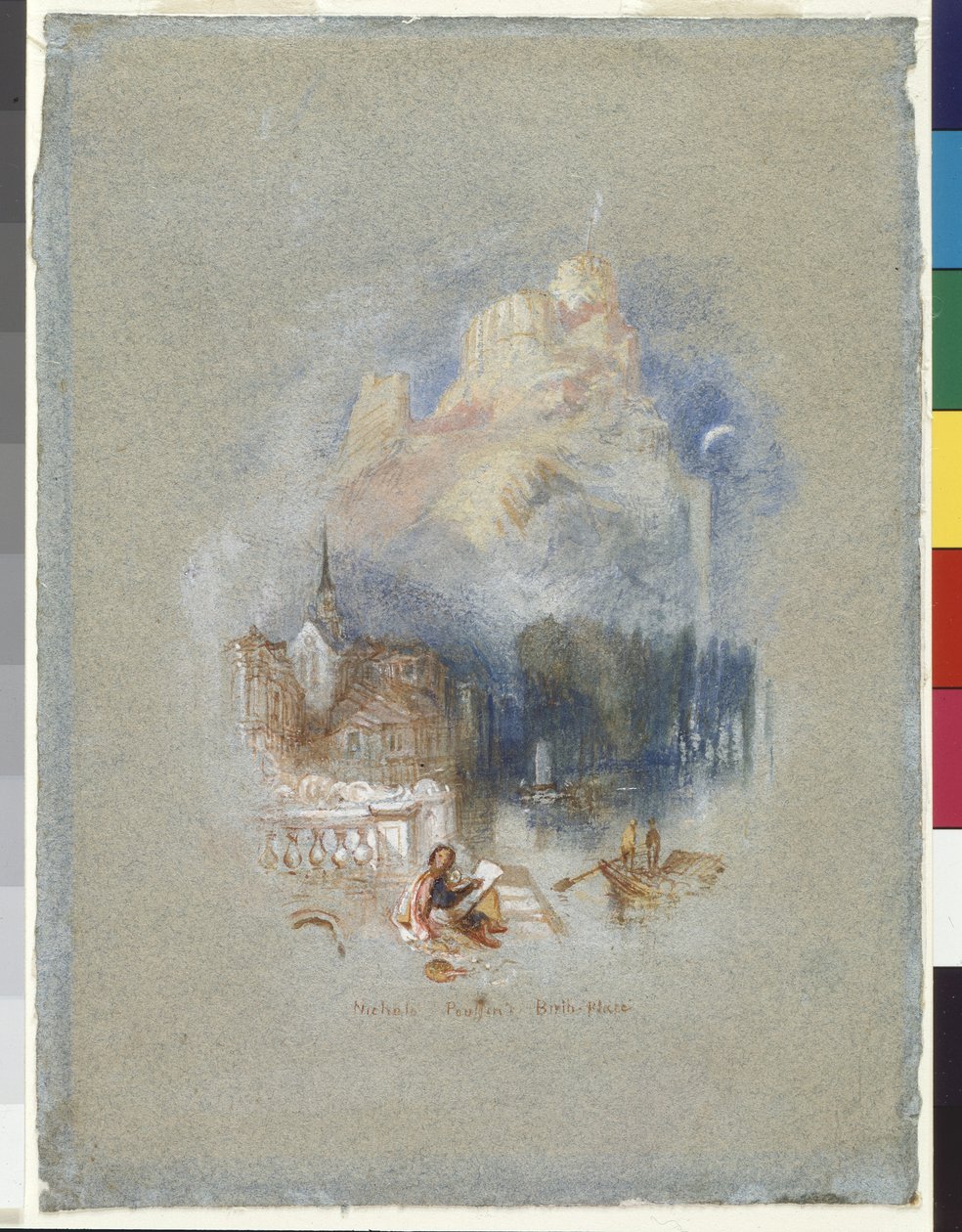 Nicholas Poussinin syntymäkoti (akvarelli ja guassi vahvistettu punaisella musteella sinisellä paperilla) tekijältä Joseph Mallord William Turner