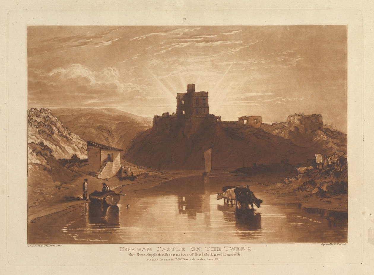 Norhamin linna Tweed Liber Studiorumilla, osa XII, levy 57, 1. tammikuuta 1816. tekijältä Joseph Mallord William Turner