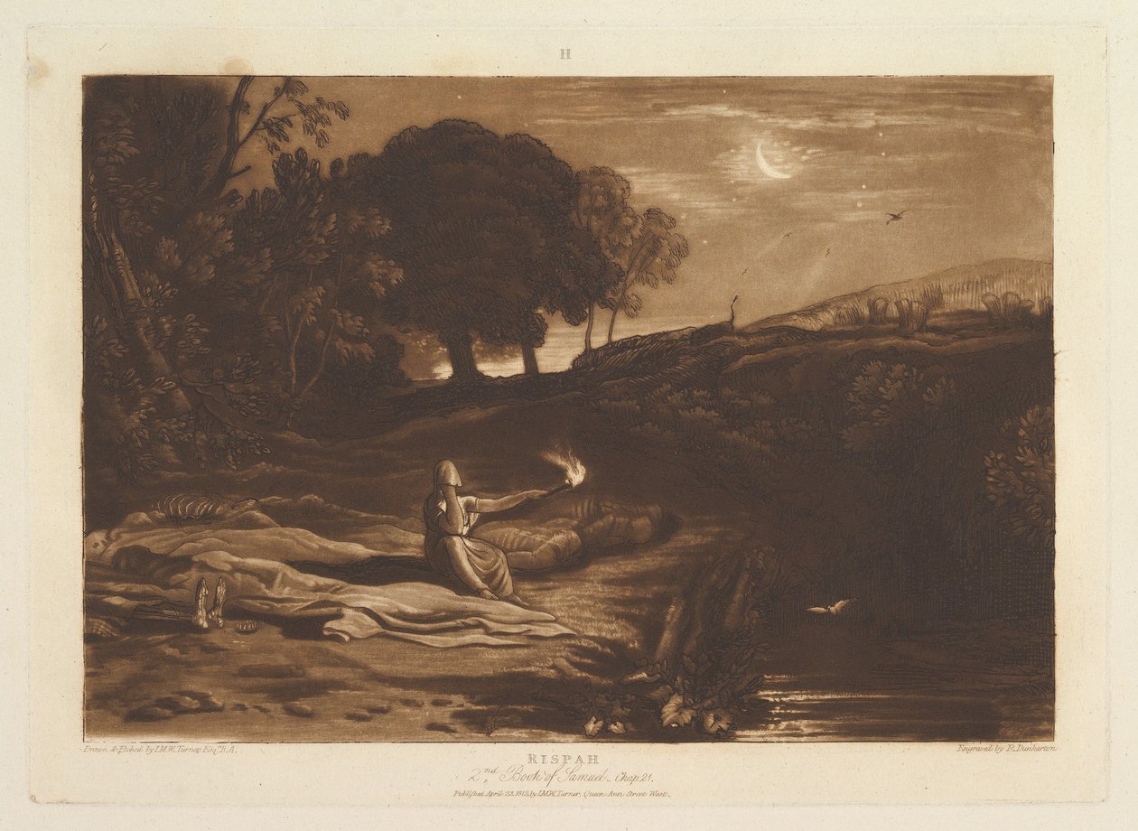 Rispah, 2. Samuelin kirja, luku 21 Liber Studiorum, osa IX, levy 46, 23. huhtikuuta 1812. tekijältä Joseph Mallord William Turner