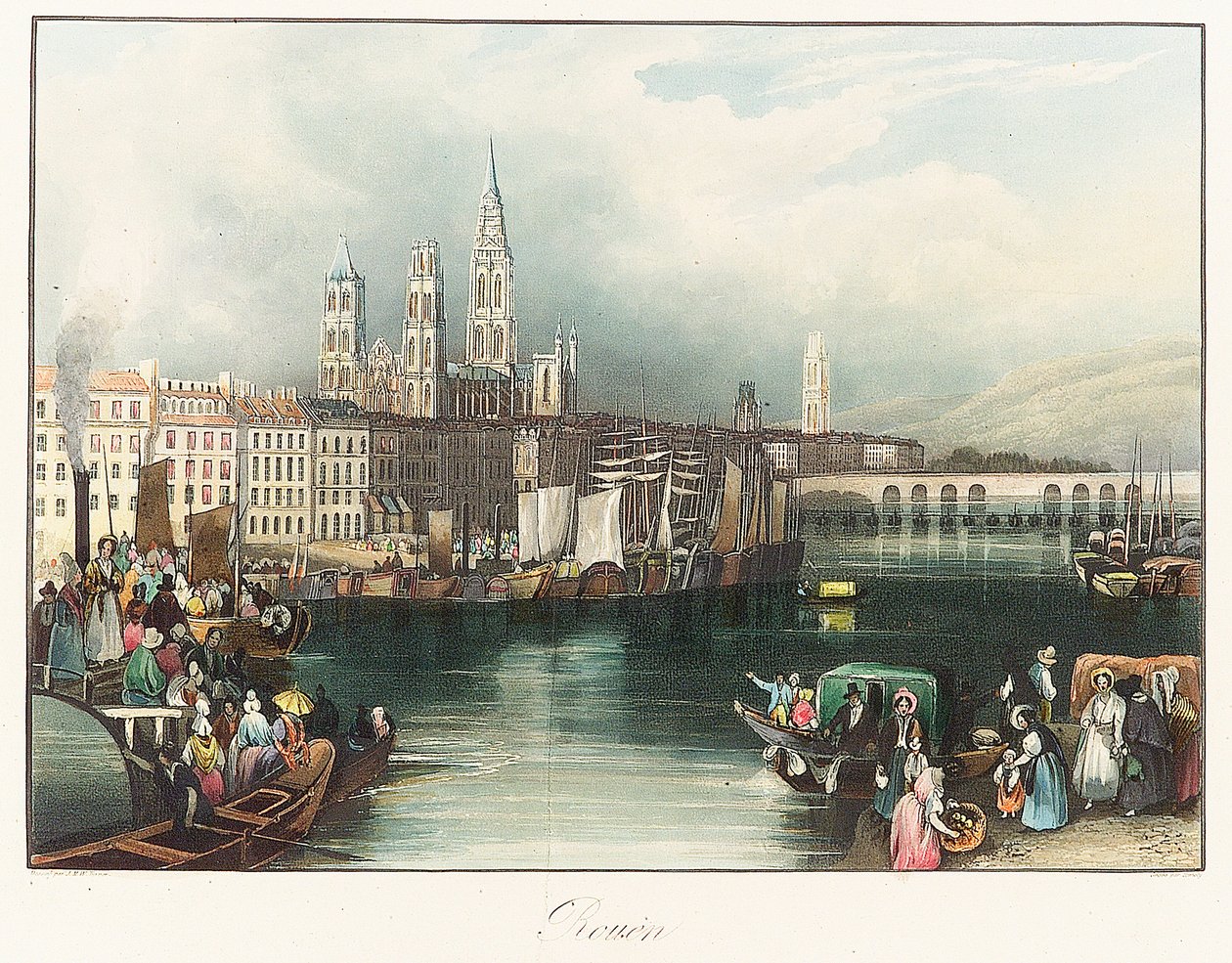 Rouen (Ranska). Joseph Mallord William Turnerin (1775-1851) litografia (33x46,9 cm). tekijältä Joseph Mallord William Turner
