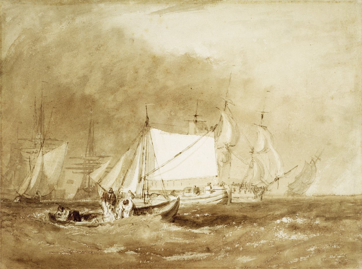 Merenkulkukohtaus, jossa kalastajia, n.1815-20 (sivellin ja ruskea muste paperille) tekijältä Joseph Mallord William Turner
