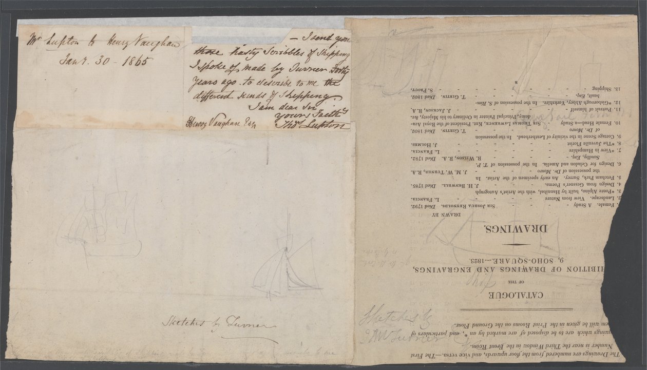 Luonnos kahdesta laivasta luettelosivulla, n. 1823 tekijältä Joseph Mallord William Turner
