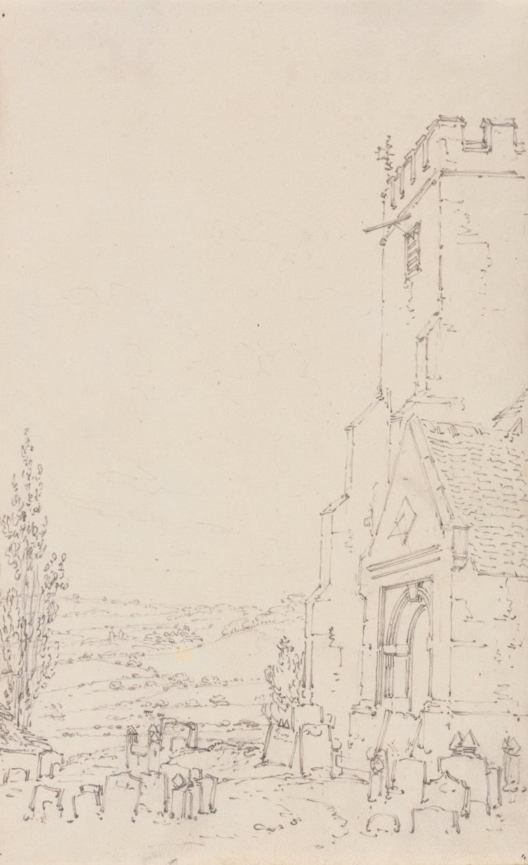 Tuntemattoman kirkon eteläkuisti ja torni, n. 1790-1795 (kynä paperille) tekijältä Joseph Mallord William Turner