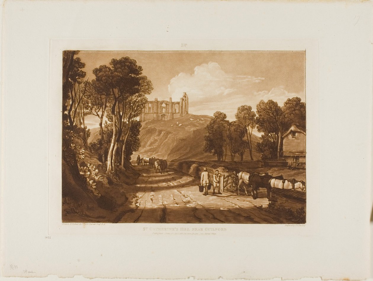 Pyhän Katariinan kukkula lähellä Guilfordia, levy 33 Liber Studiorum -julkaisusta. tekijältä Joseph Mallord William Turner