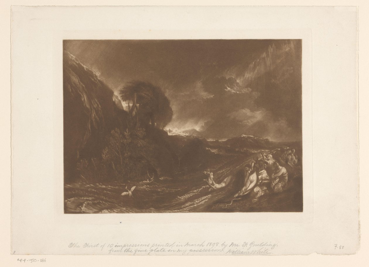 Myrskyinen maisema, jossa on tulvia ja hukkuvia ihmisiä Vedenpaisumus Maisematutkimukset (sarjan nimi) Liber Studiorum (sarjan nimi) tekijältä Joseph Mallord William Turner