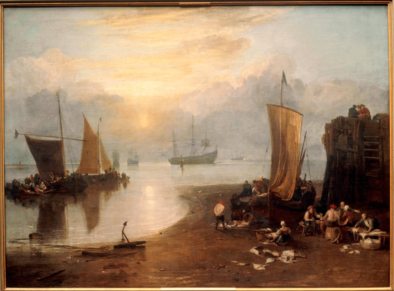 Aurinko nousee höyryn läpi: (maalaus kankaalle): Kalastajat puhdistavat ja myyvät kalaa ... (maalaus kankaalle) tekijältä Joseph Mallord William Turner
