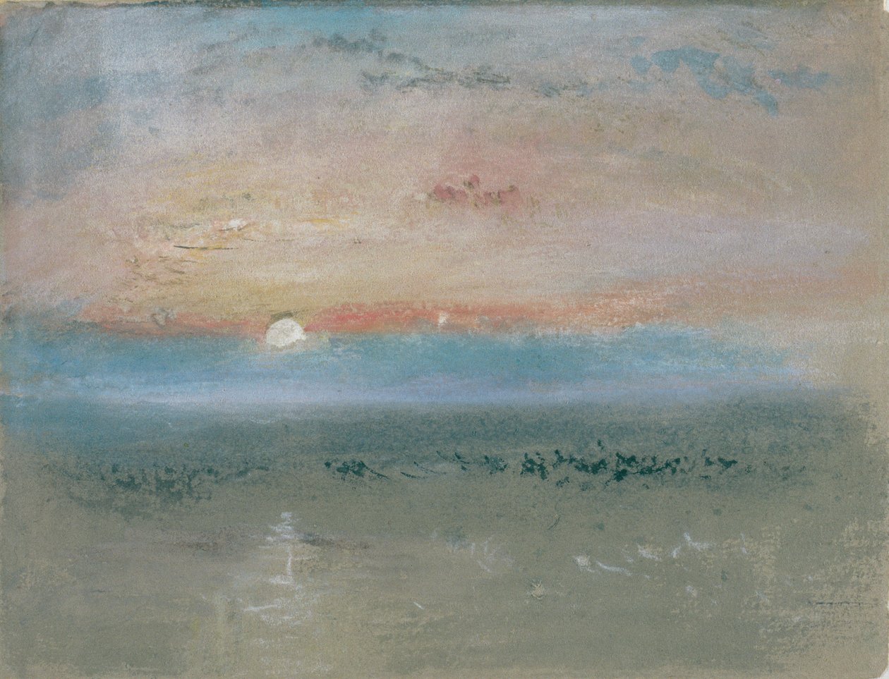 Auringonlasku, n. 1830 (wc ja guassi harmaalla paperilla) tekijältä Joseph Mallord William Turner