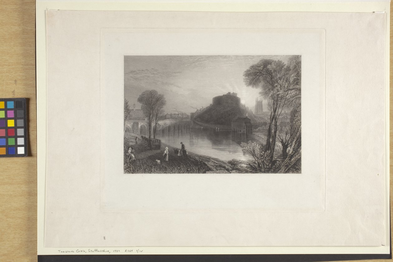 Tamworth Castle, Staffordshire (etsaus ja kaiverrus intialaiselle paperille, chine collé) tekijältä Joseph Mallord William Turner